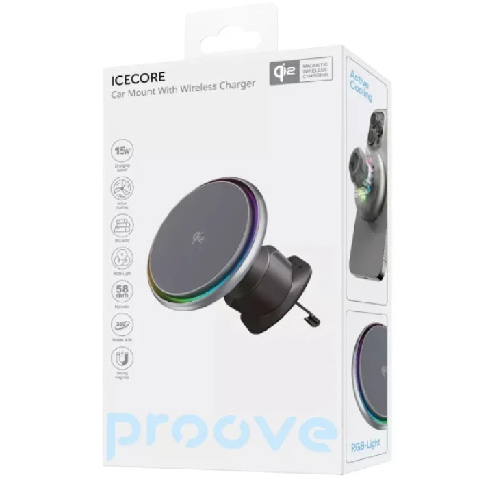 Тримач з безпровідною зарядкою Proove IceCore QI2 15W Gray