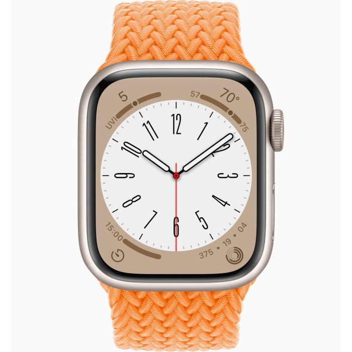 Apple Watch S8 41mm Starlight, Bright Orange Braided Solo Loop (Size 8)