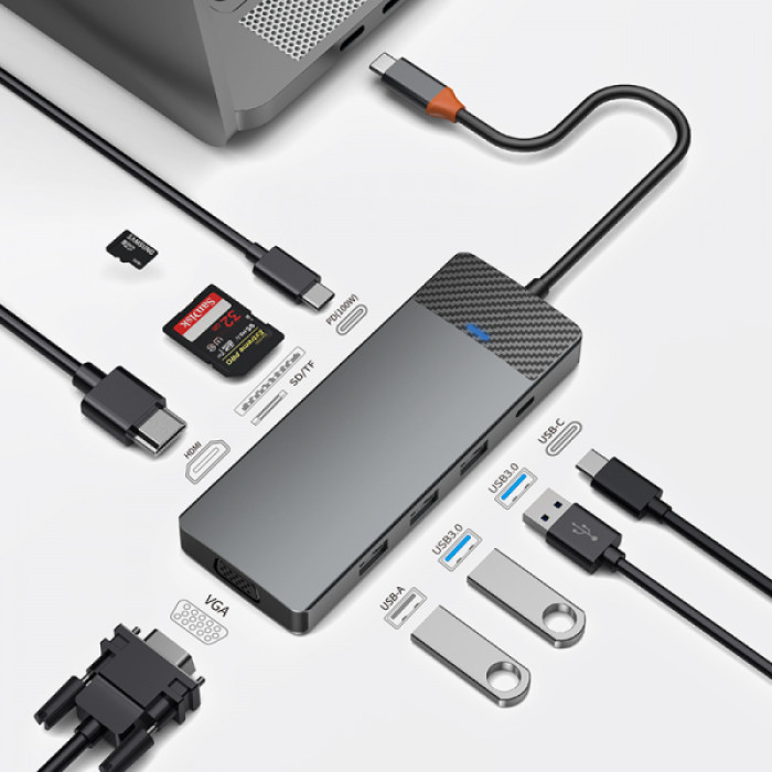 Хаб 9in1 - WIWU Linker, USB-C+2xUSB2.0+2USB3.1+SD/MircoSD+RJ45+PD100W, Gray