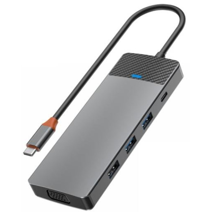 Хаб 9in1 - WIWU Linker, USB-C+2xUSB2.0+2USB3.1+SD/MircoSD+RJ45+PD100W, Gray