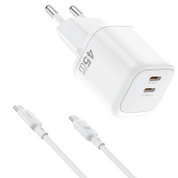 Зарядний пристрій - WIWU, GaN Fast Charger USB-C+USB-C with cable USB-C 45W, White