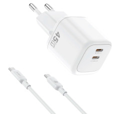 Зарядний пристрій - WIWU, GaN Fast Charger USB-C+USB-C with cable USB-C 45W, White
