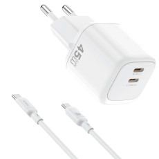 Зарядний пристрій - WIWU, GaN Fast Charger USB-C+USB-C with cable USB-C 45W, White