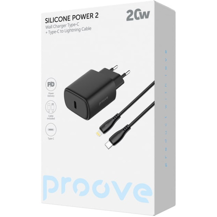 Зарядний пристрій - Proove, Silicone Type-C + Cable USB-C to Lightning 1m 20W, Black