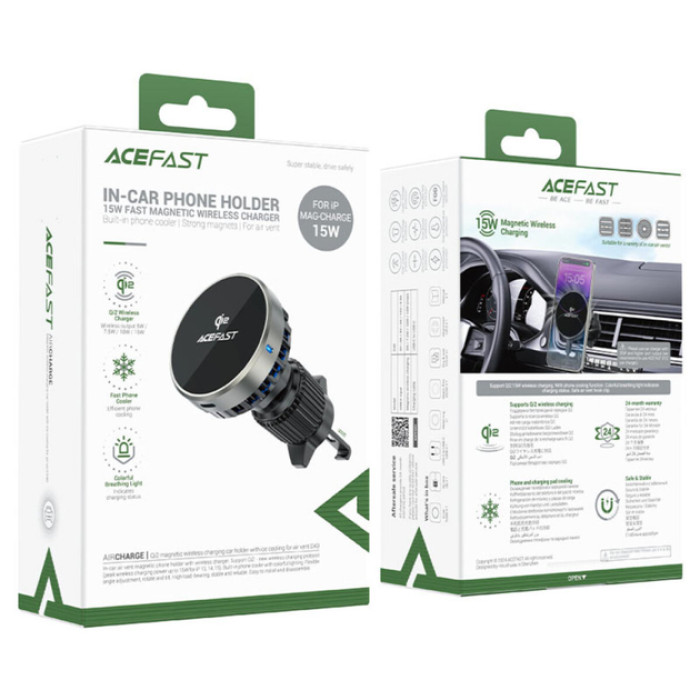 Тримач з безпровідною зарядкою Acefast D40 Wireless Qi2 Ice Cooling Air Vent Series 15W, Metal Grey