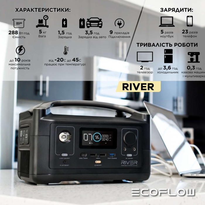 Зарядна станція EcoFlow RIVER (288 Вт/г, 600 Вт) (UA)