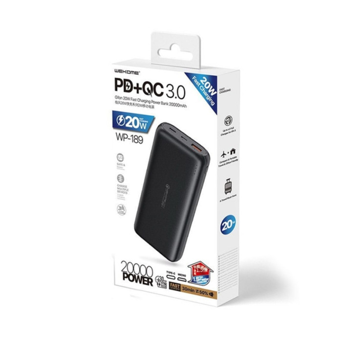 Додатковий аккумулятор Wekome 20000mAh Gifo Fast Charging PowerBank PD 20W+QC 3.0 Black
