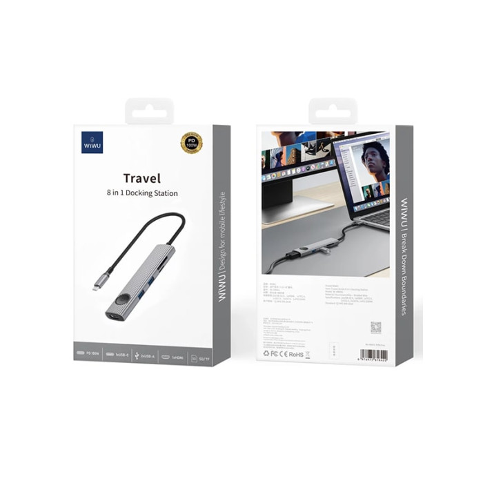 Хаб 8in1 - WIWU Travel, USB-C to 2xUSB3.0+2xUSB-C3.0+PD100W+SD+TF+SOF, Gray