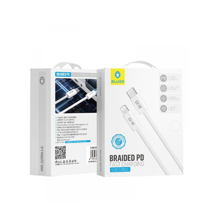 Кабель USB-C to Lightning - Blueo, Braided PD 1.2m, White