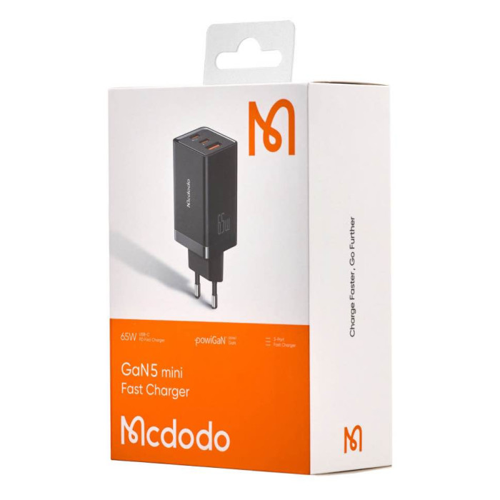 Зарядний пристрій - McDodo, GaN 5 Mini Fast 2xUSB-C+USB 65W, Black