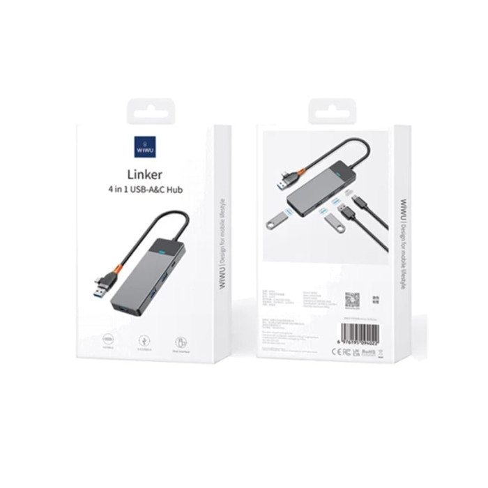 Хаб 4in1 - WIWU Linker, USB-C+UCB to USB-C+3xUSB3.0, Gray