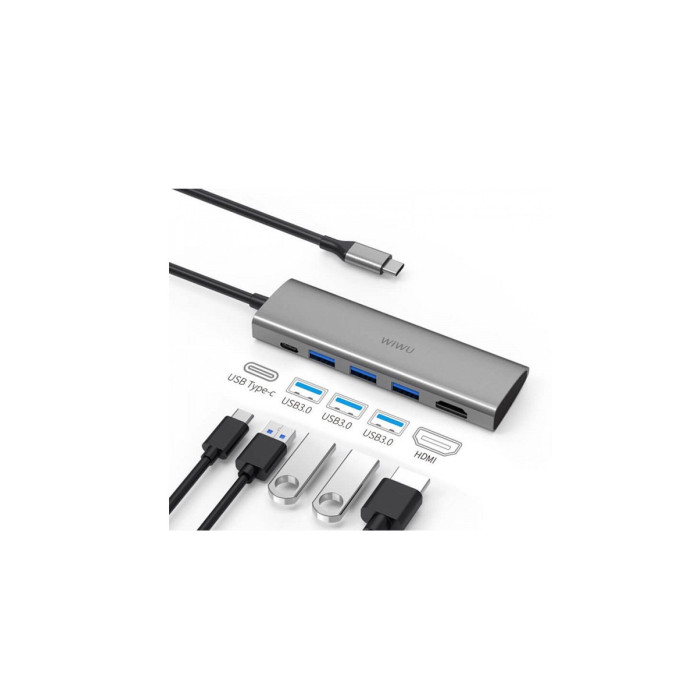 Хаб 5in1 - WIWU Alpha, USB-C to 3xUSB+HDMI+USB-C, Gray Вживаний (б/в)