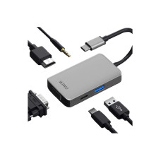 Хаб 5in1 - WIWU Alpha, USB-C to USB+USB-C+VGA+HDMI+3.5mm, Gray
