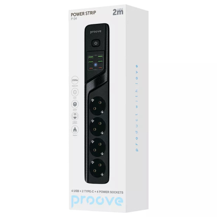 Мережевий фільтр Proove Power Strip P-04 (4 розетки + 4 USB + 2 Type-C) 3m Black