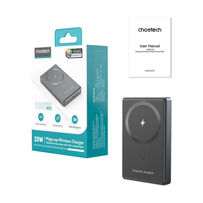 Додатковий аккумулятор Choetech 10000mAh Ultra-Thin Magnetic PD 20W Black