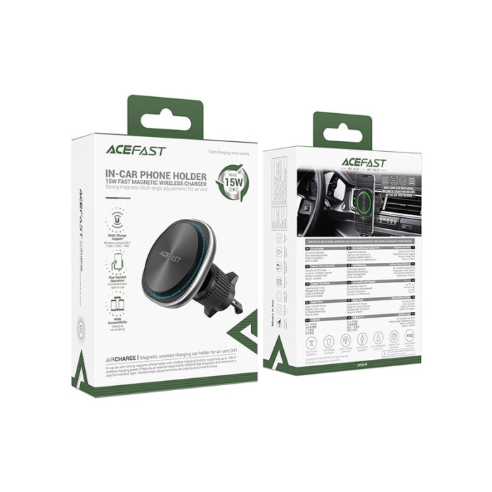 Тримач з безпровідною зарядкою Acefast D41 Wireless Air Vent Series 15W, Silver