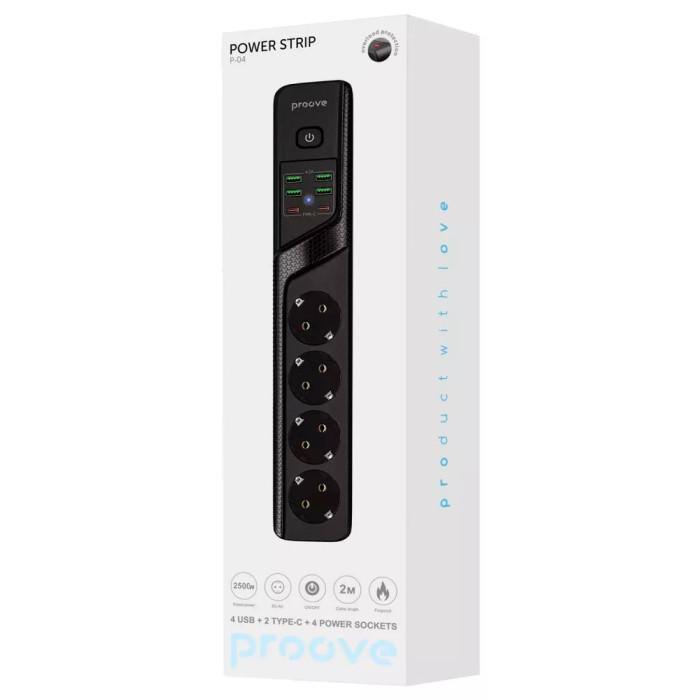 Мережевий фільтр Proove Power Strip P-04 (4 розетки + 4 USB + 2 Type-C) 2m Black