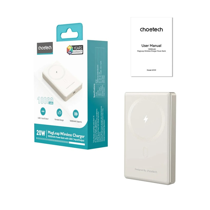 Додатковий аккумулятор Choetech 10000mAh Ultra-Thin Magnetic PD 20W White