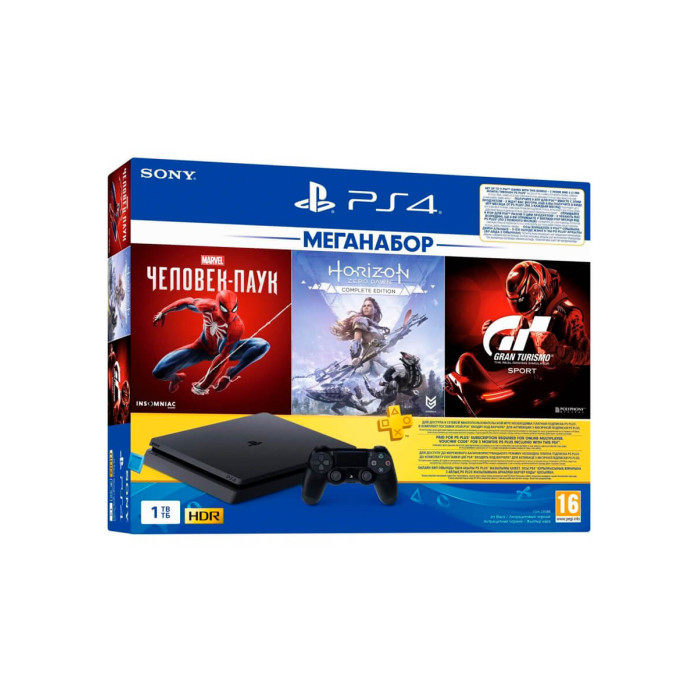 Sony PlayStation 4 Slim, 1Tb (Spider Man+GTS+Horizon ZeroD+90D PS Plus) Black, UA