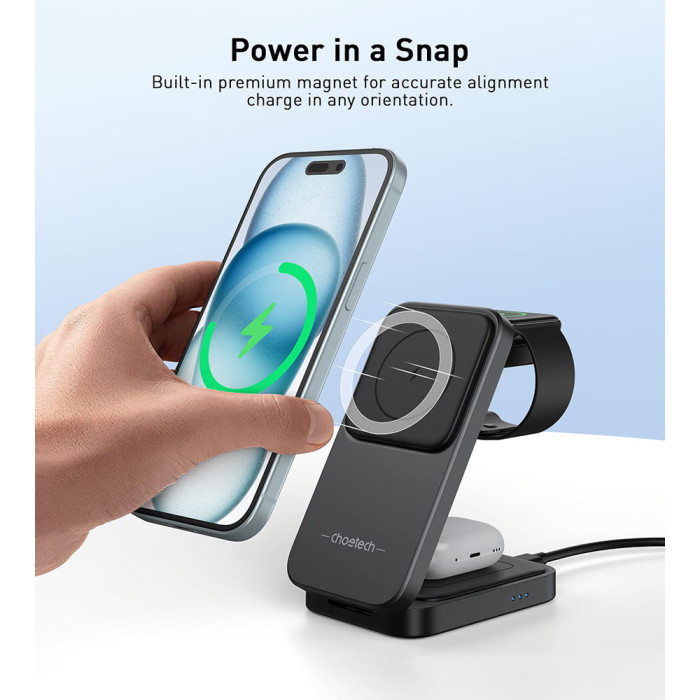 Бездротова зарядна станція - Choetech 15W 3-in-1 Foldable Wireless Charger Stand