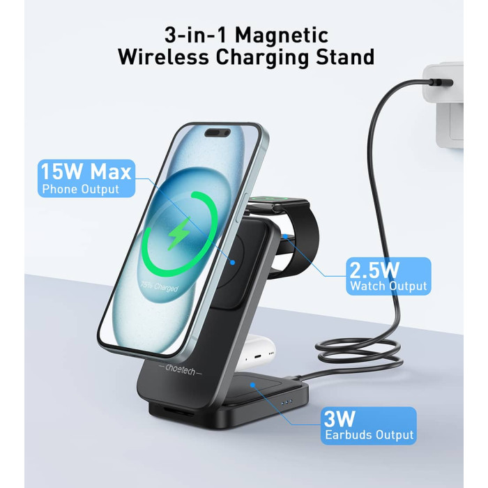 Бездротова зарядна станція - Choetech 15W 3-in-1 Foldable Wireless Charger Stand