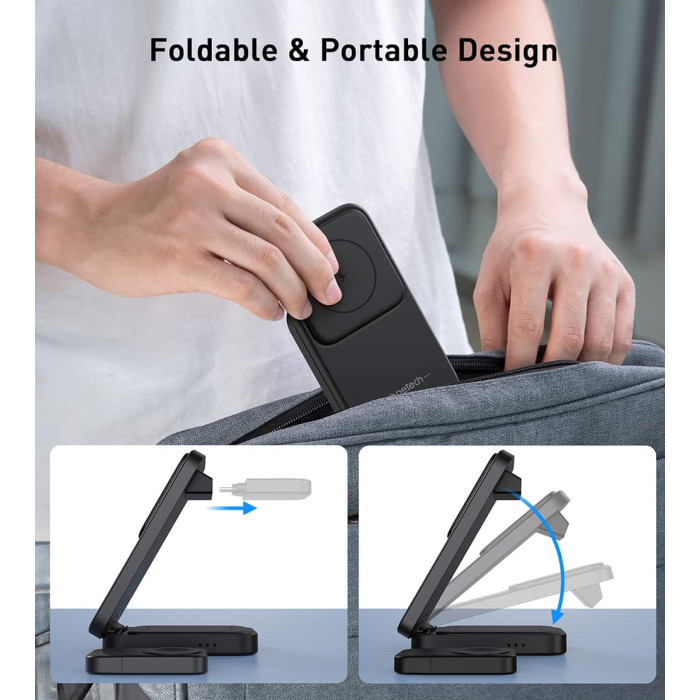 Бездротова зарядна станція - Choetech 15W 3-in-1 Foldable Wireless Charger Stand