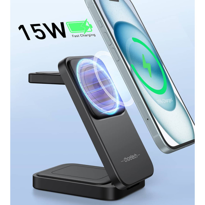 Бездротова зарядна станція - Choetech 15W 3-in-1 Foldable Wireless Charger Stand