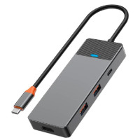 Хаб 7in1 - WIWU Linker, USB-C to USB-C+2xUSB3.1+HDMI+SD/MicroSD+PD100W, Gray