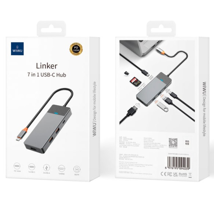 Хаб 7in1 - WIWU Linker, USB-C to USB-C+2xUSB3.1+HDMI+SD/MicroSD+PD100W, Gray