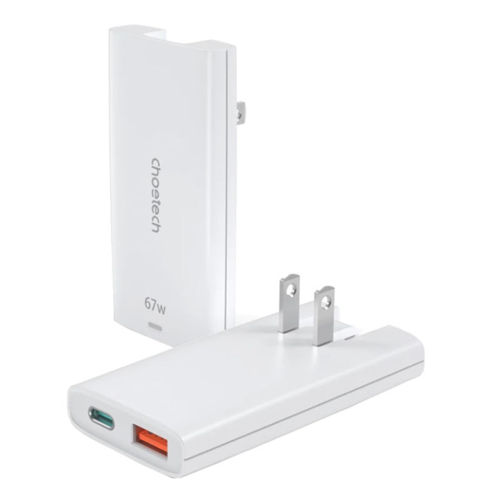 Зарядний пристрій - Choetech 67W GaN USB-A+C Ultra thin Wall Charger, White