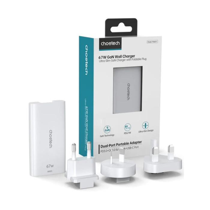 Зарядний пристрій - Choetech 67W GaN USB-A+C Ultra thin Wall Charger, White