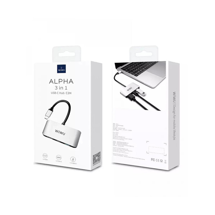 Хаб 3in1 - WIWU Alpha, USB-C to USB+USB-C+HDMI, Gray
