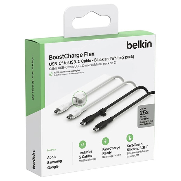 Кабель USB-C to USB-C - Belkin, Boost Charge Flex 60W 1m, White / Black (2pack)