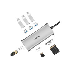 Хаб 6in1 - WIWU Alpha, USB-C to 3xUSB+USB-C+RJ45+SD+MicroSD, Silver
