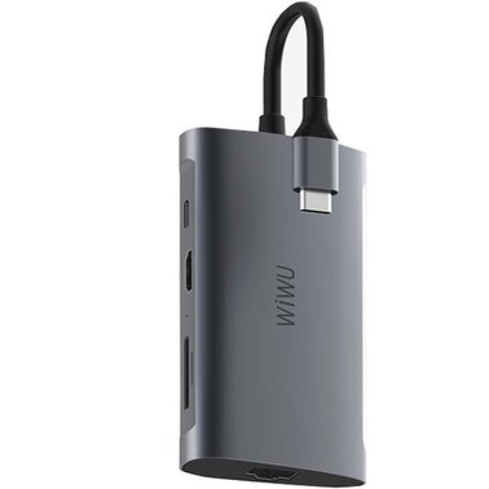 Хаб 8in1 - WIWU Alpha, USB-C to 3xUSB3.0+HDMI+RJ45+USB-C+SD/MicroSD, Gray