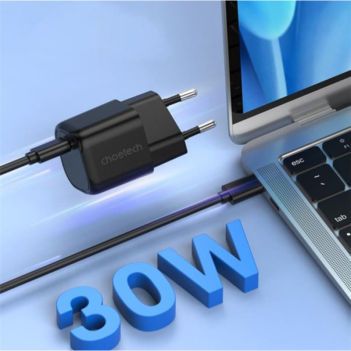 Зарядний пристрій - Choetech 30W GaN PD USB-C Wall Charger Black