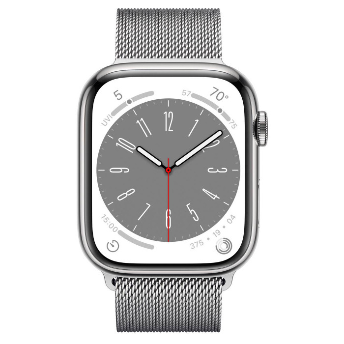 Apple Watch S8 45mm Silver Stainless Steel, Silver Milanese Loop LTE
