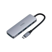 Хаб 5in1 - WIWU Alpha, USB-C to 3xUSB+PD 100W, Gray