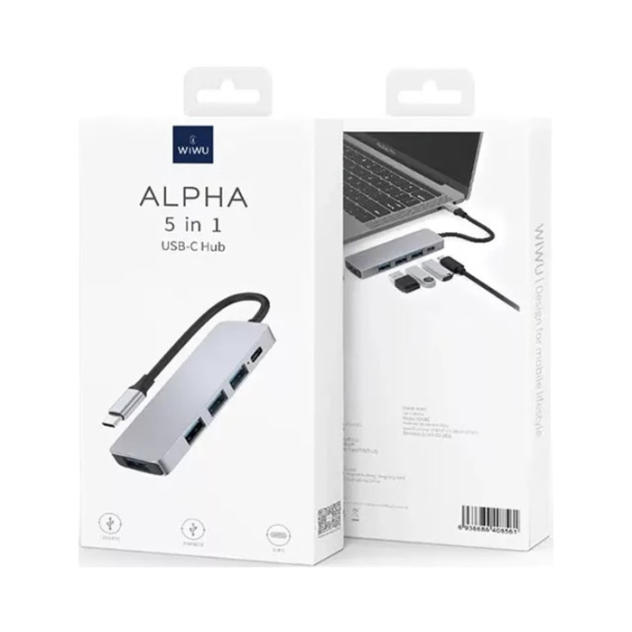 Хаб 5in1 - WIWU Alpha, USB-C to 3xUSB+PD 100W, Gray