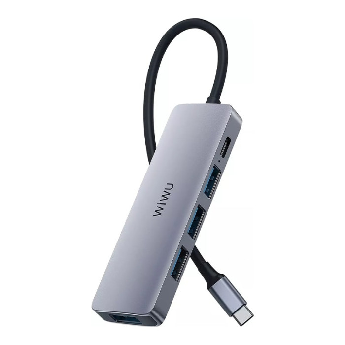 Хаб 5in1 - WIWU Alpha, USB-C to 3xUSB+PD 100W, Gray