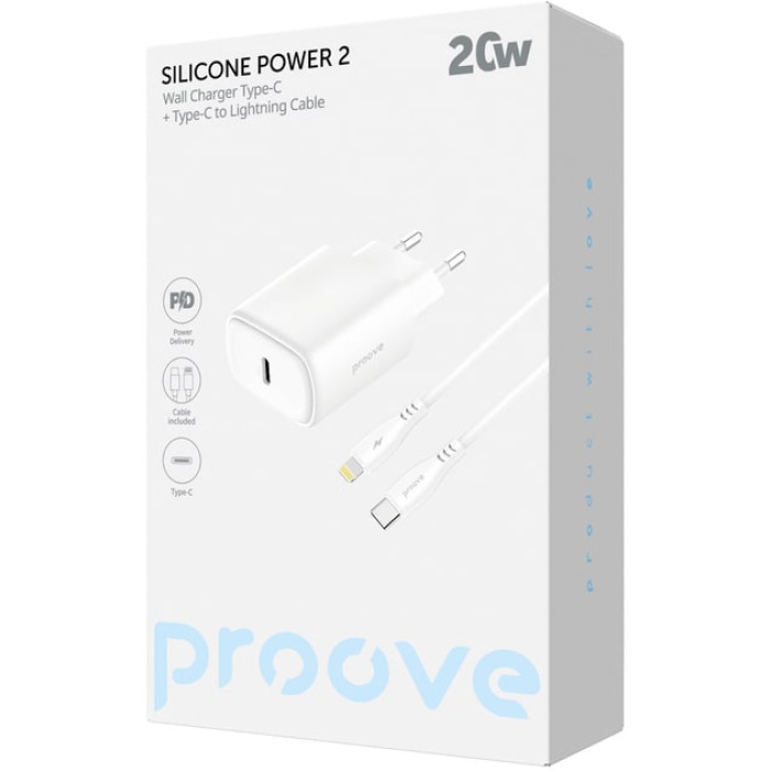 Зарядний пристрій - Proove, Silicone Type-C + Cable USB-C to Lightning 1m 20W, White