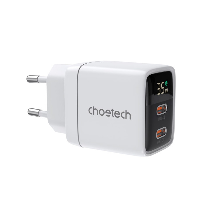 Зарядний пристрій - Choetech 35W GaN Dual USB-C Display Wall Charger, White