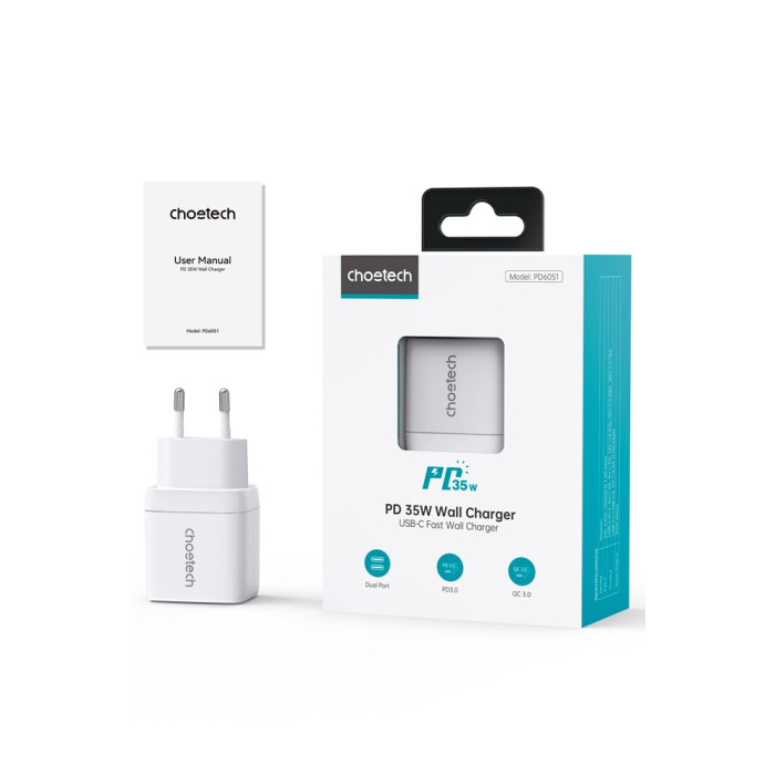 Зарядний пристрій - Choetech 35W GaN Dual USB-C Display Wall Charger, White