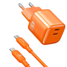 Зарядний пристрій - WIWU, GaN Fast Charger USB-C+USB-C with cable USB-C 45W, Orange