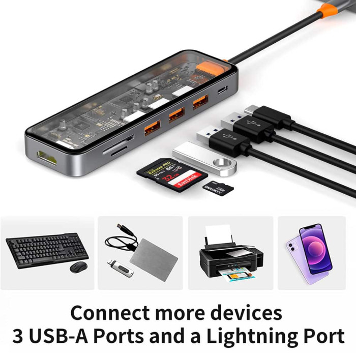 Хаб 7in1 - WIWU Cyber, USB-C to 3xUSB+HDMI+USB-C+SD/MicroSD+PD 100W, Space Gray