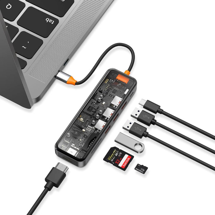 Хаб 7in1 - WIWU Cyber, USB-C to 3xUSB+HDMI+USB-C+SD/MicroSD+PD 100W, Space Gray