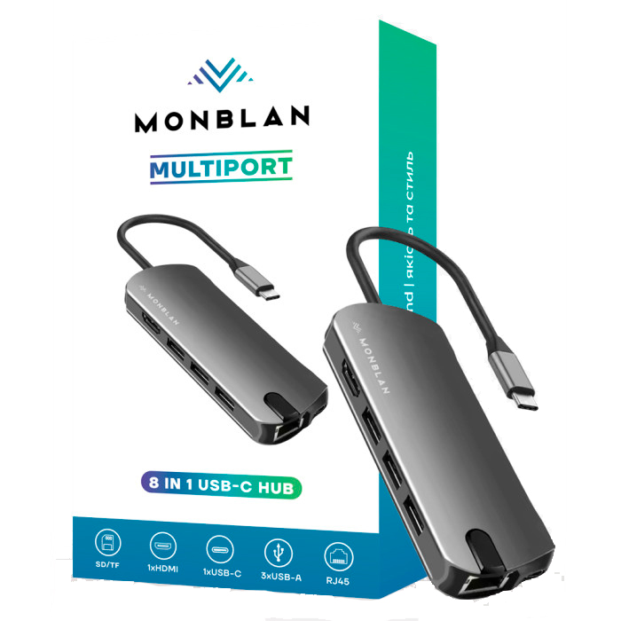 Хаб 8in1 - Monblan, USB-C to HDMI+microSD+RJ45+SD+USB-C PD+3xUSB3.0, Gray