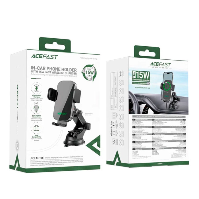 Тримач з безпровідною зарядкою Acefast D53 with Electric Clamp for Dashboard 15W, Black