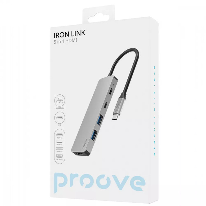 Хаб 5in1 - Proove Iron Link, 2xType-C+2xUSB3.0+HDMI, Silver