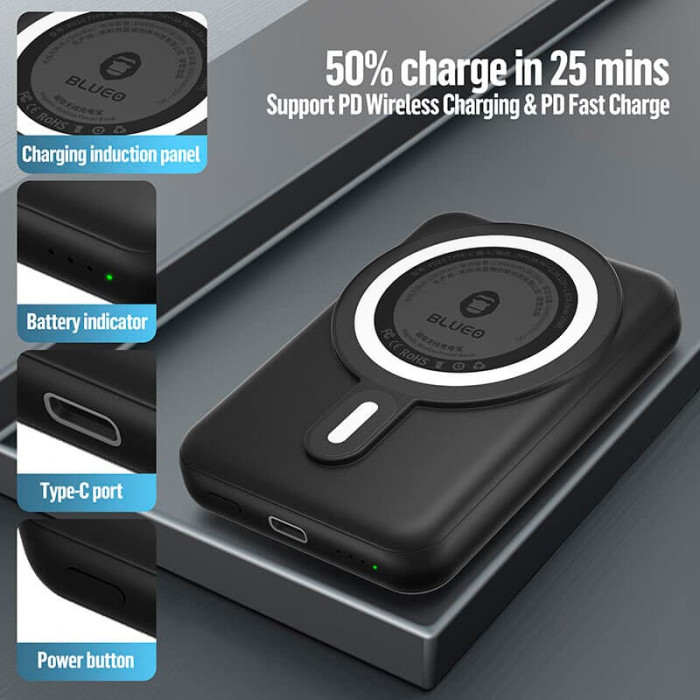 Додатковий аккумулятор Blueo 10000mAh Wireless MagSafe 20W Black